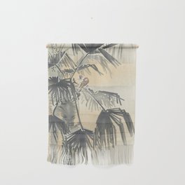 Couple of Sparrows Sitting on a Palm Tree - Vintage Japanese Woodblock Print Art Wall Hanging