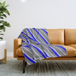 [ Thumbnail: Grey, Light Grey & Blue Colored Striped/Lined Pattern Throw Blanket ]