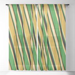 [ Thumbnail: Goldenrod, Tan, Forest Green, and Black Colored Striped/Lined Pattern Sheer Curtain ]