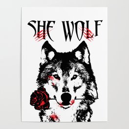 Wolf blood stained, holding a red rose. Poster