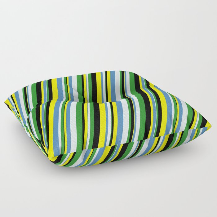 Yellow, Blue, Light Cyan, Forest Green, and Black Colored Stripes Pattern Floor Pillow