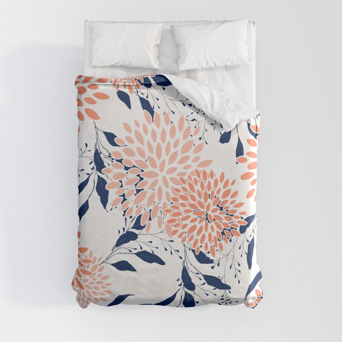 Floral Prints and Leaves, White, Coral and Navy Duvet Cover