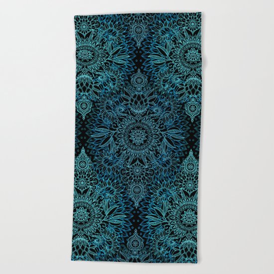 Black & Aqua Protea Doodle Pattern Beach Towel