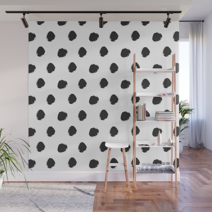 Black White Hand Painted Watercolor Polka Dots Wall Mural By