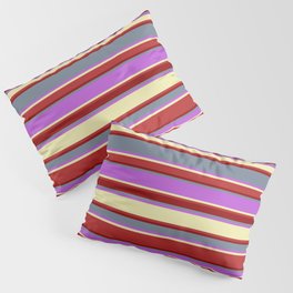 [ Thumbnail: Eyecatching Slate Gray, Orchid, Pale Goldenrod, Red, and Dark Red Colored Lines/Stripes Pattern Pillow Sham ]