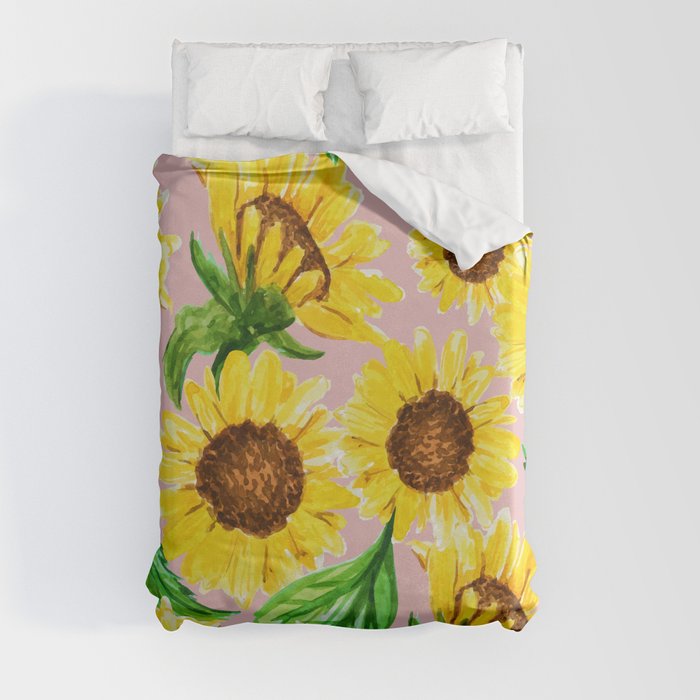 Sunny, Floral Sunflowers Painting, Summer Meadow Botanical, Vintage Blush Nature Bohemian Garden Duvet Cover