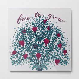 Free to Grow Pomegranate Tree Metal Print | Fruittree, Handdrawnstyle, Selfaffirmation, Treebranches, Pomegranates, Teal, Growingtree, Freetogrow, Magenta, Spreadingbranches 