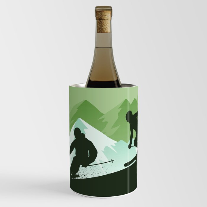 Winter Sport - Best Skiing Design Ever - Green Background Wine Chiller