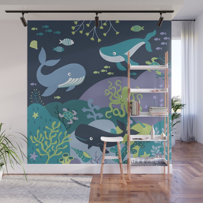 Whale Paradise Seascape - Cute SeaLife pattern by Cecca Designs Wall Mural
