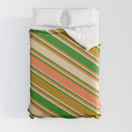 [ Thumbnail: Coral, Tan, Forest Green, and Dark Goldenrod Colored Stripes/Lines Pattern Duvet Cover ]