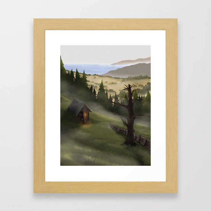 Cabin on a Misty Hill Framed Art Print