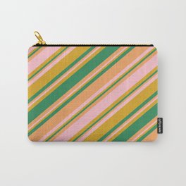 [ Thumbnail: Goldenrod, Sea Green, Brown, and Pink Colored Striped/Lined Pattern Carry-All Pouch ]