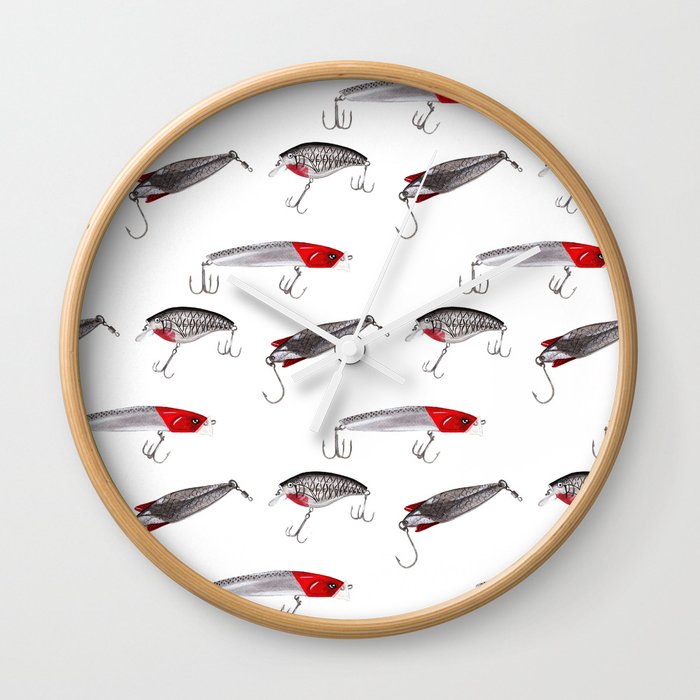 Red And Silver Fishing Lures Wall Clock By Trinitymitchell Society6
