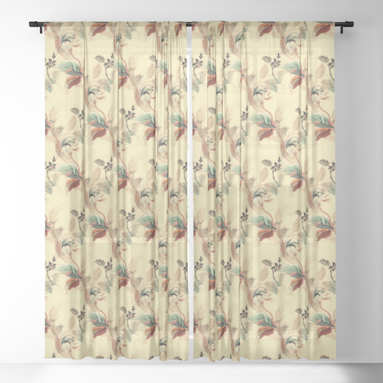 Antique Floral Pattern Mint Rust Colors On Beige Yellow