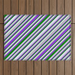 [ Thumbnail: Grey, Purple, Green & Lavender Colored Lines/Stripes Pattern Outdoor Rug ]