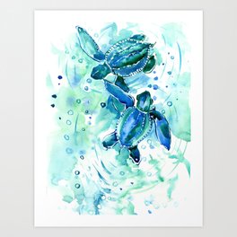Turquoise Blue Sea Turtles in Ocean Art Print