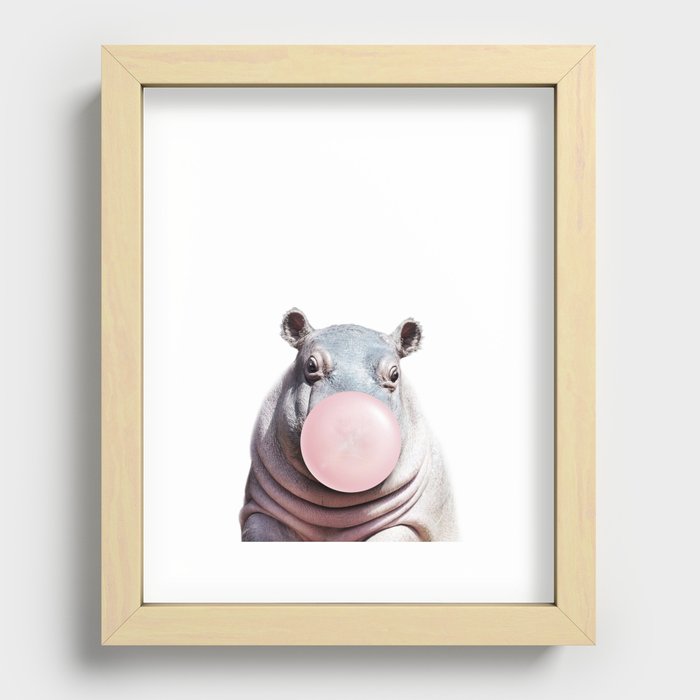 Baby Hippo Blowing Bubble Gum, Pink Nursery, Baby Animals Art Print by Synplus Recessed Framed Print