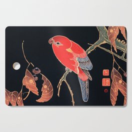 Japanese Woodblock Print Of Red Parrot on the Branch of a Tree By Ito Jakuchu,Woodcut,vintage,ukiyo,Japan ,Red And Black, Cutting Board