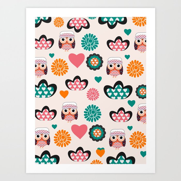 Owls and hearts Art Print