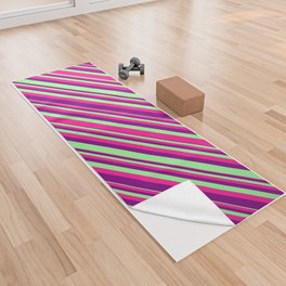 [ Thumbnail: Green, Deep Pink, and Purple Colored Stripes/Lines Pattern Yoga Towel ]