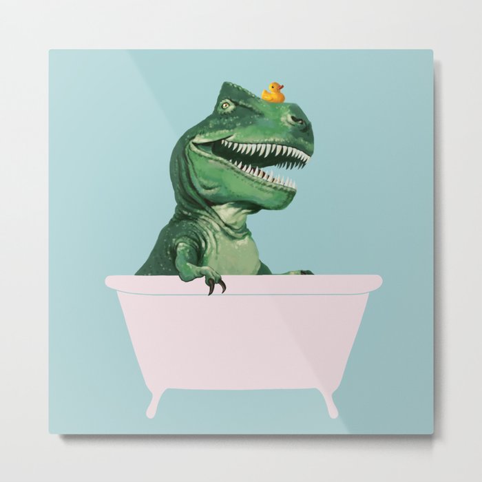 Playful T-Rex in Bathtub in Green Metal Print
