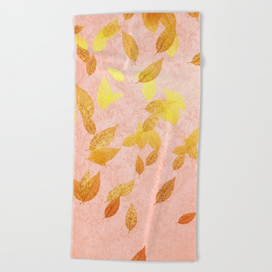 Autumn-world 2 - gold glitter leaves on pink backround Beach Towel