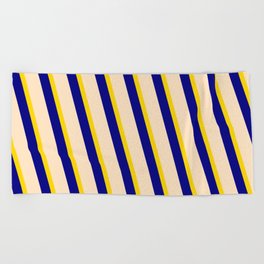 [ Thumbnail: Yellow, Blue, and Bisque Colored Stripes Pattern Beach Towel ]