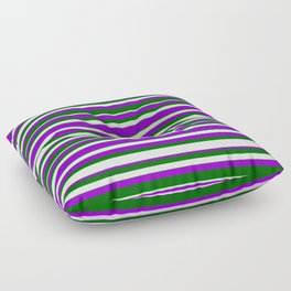 [ Thumbnail: Dark Green, White & Dark Violet Colored Lined Pattern Floor Pillow ]