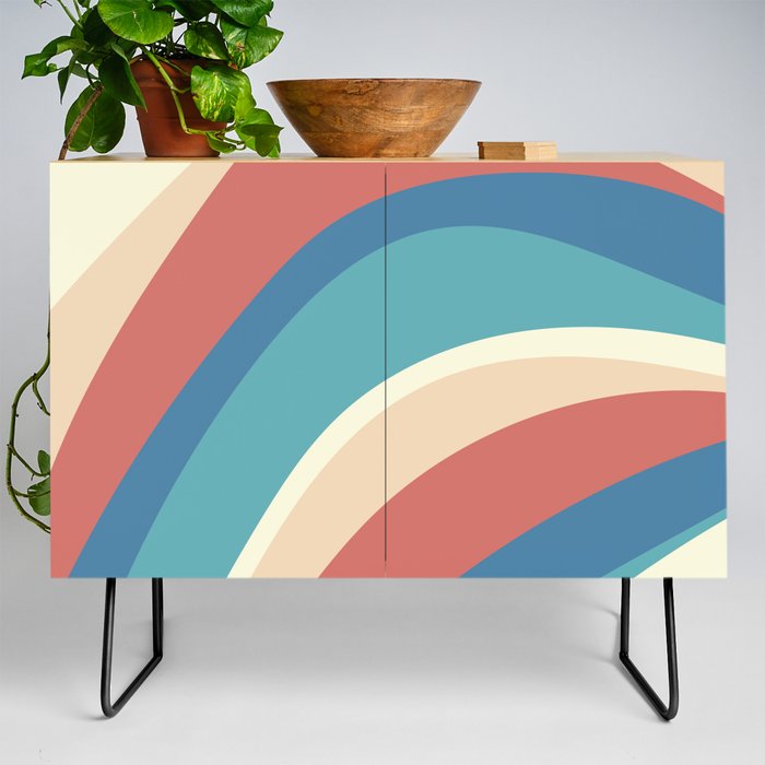 Funky Wavy Lines in Celadon Blue, Teal, Yellow, Peach and Salmon Pink Credenza