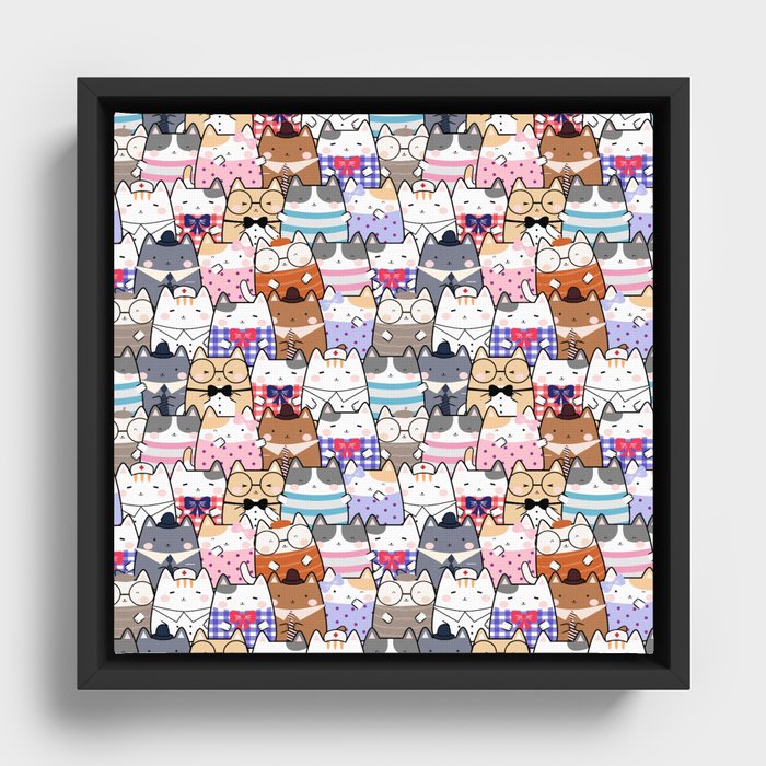 Kawaii Cute Cats Pattern Framed Canvas