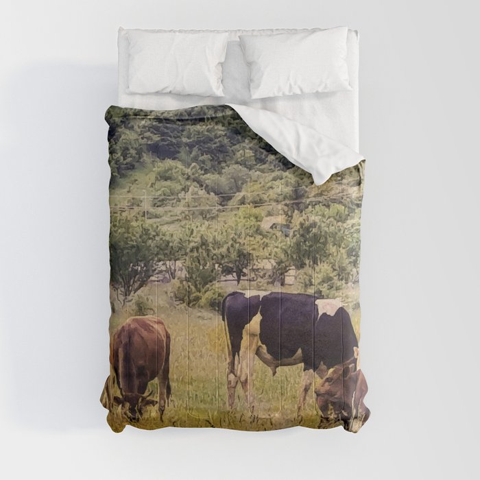 Vintage cottagecore cow pasture in the mountains Comforter