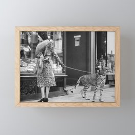 Woman with Cheetah, Phyllis Gordon, with her pet Kenyan cheetah, Paris, France black and white photo Framed Mini Art Print