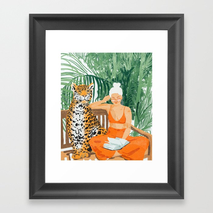 Jungle Vacay | Modern Bohemian Blonde Woman Tropical Travel | Leopard Wildlife Forest Reader Framed Art Print
