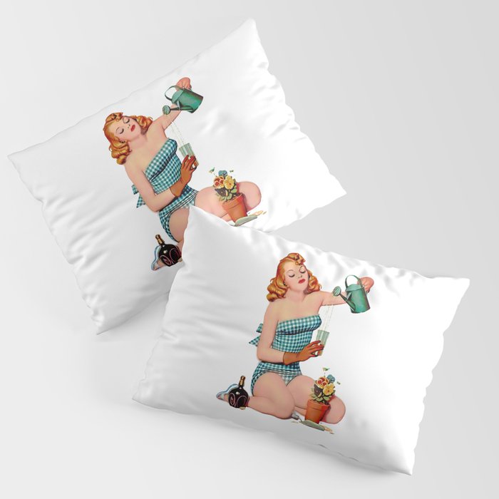 Red Sexy Pinup With Watering Can For Garden Pillow Sham