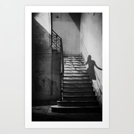 Ghosts and shadows of Paris lonely female shadow figure walking up stairs black and white photograph, photograhy, photographs Art Print