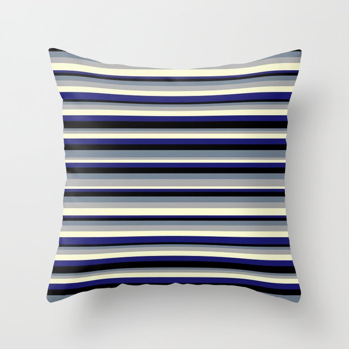 Colorful Slate Gray, Dark Gray, Light Yellow, Midnight Blue, and Black Colored Lined/Striped Pattern Throw Pillow