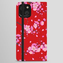 Cherry Blossom Japanese Flowers Red Background Seamless Pattern iPhone Wallet Case