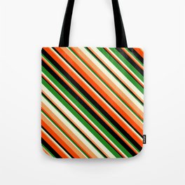 [ Thumbnail: Vibrant Forest Green, Beige, Brown, Red & Black Colored Lines Pattern Tote Bag ]