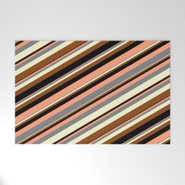 [ Thumbnail: Colorful Light Salmon, Grey, Light Yellow, Brown, and Black Colored Stripes Pattern Welcome Mat ]