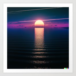 A synthwave style sunset above the reflecting water of the sea Art Print