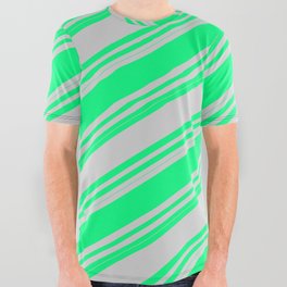 [ Thumbnail: Green and Light Gray Colored Striped Pattern All Over Graphic Tee ]