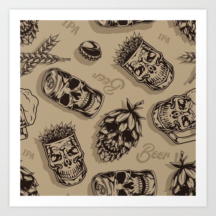 Beer vintage monochrome seamless pattern with mugs cups aluminum cans hop cones in skull shapes vintage illustration Art Print