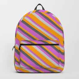 [ Thumbnail: Dim Gray, Orchid, Light Gray & Orange Colored Lined Pattern Backpack ]