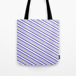 [ Thumbnail: Medium Slate Blue, Light Grey, Blue & White Colored Striped/Lined Pattern Tote Bag ]
