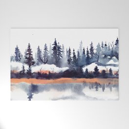 Winter Landscape With Pine Trees And Snow Watercolor Welcome Mat