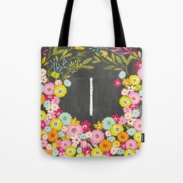 I botanical monogram. Letter initial with colorful flowers on a chalkboard background Tote Bag