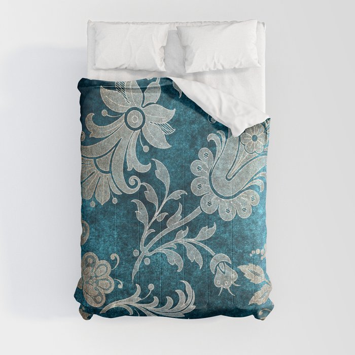 Aqua Teal Vintage Floral Damask Pattern Comforter