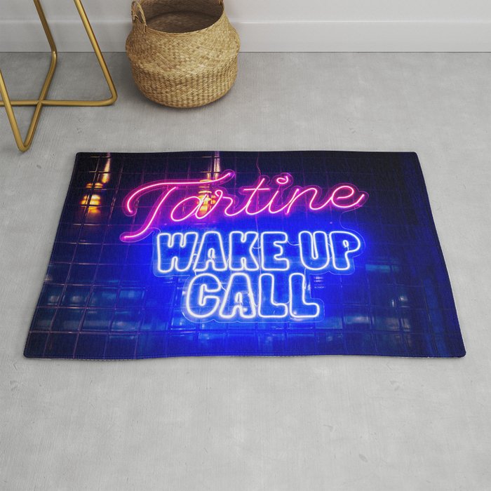 Blue and pink neon sign Tartine wake up call - hotdogs in Lissabon, Portugal Foodcourt - travel photography Rug
