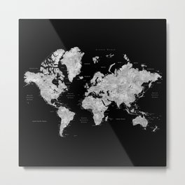 Black and grey watercolor world map with cities Metal Print