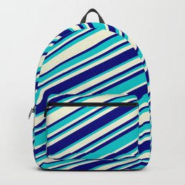 [ Thumbnail: Beige, Blue & Dark Turquoise Colored Striped/Lined Pattern Backpack ]